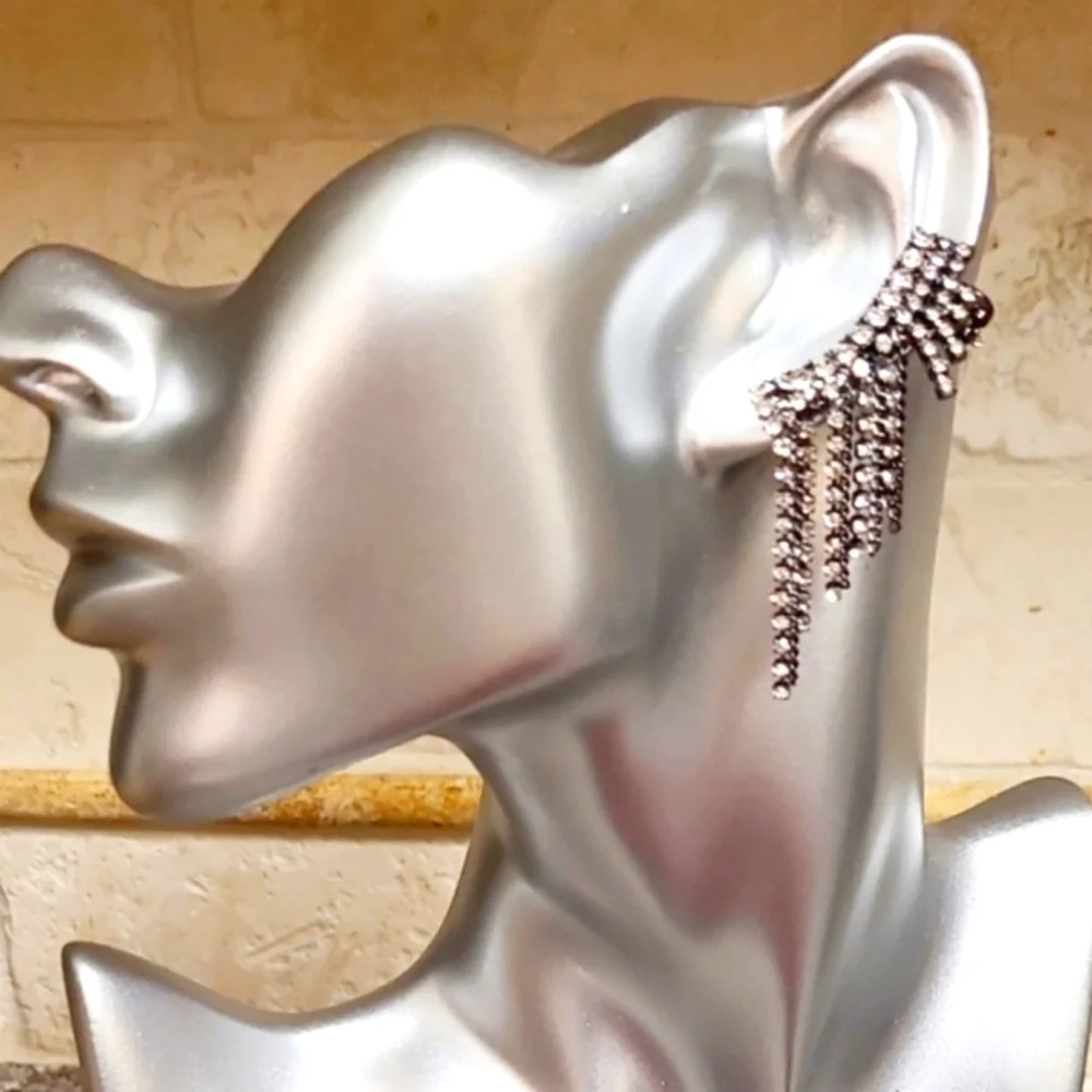 New Gunmetal Crystal Fringe Ear Climbers Earrings
